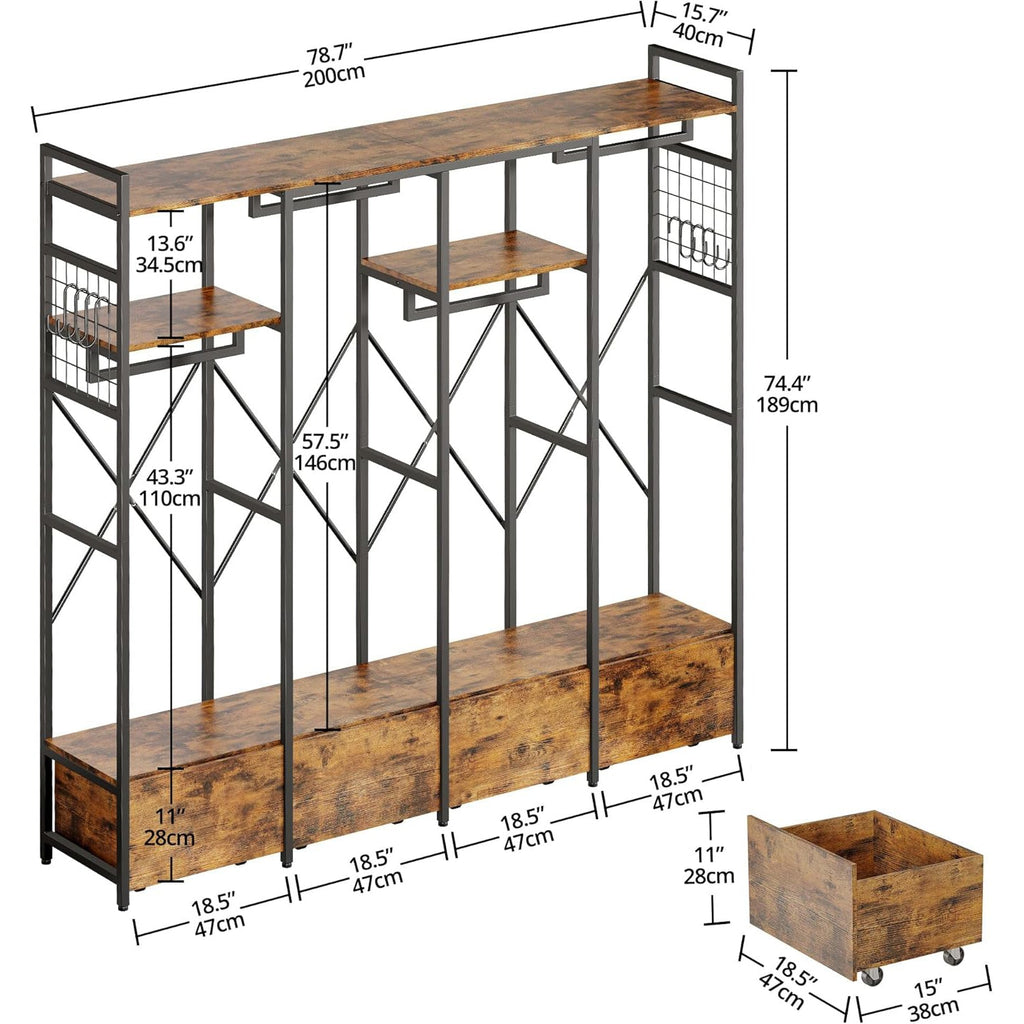 Industrial Garment Rack with 4 Wooden Drawers