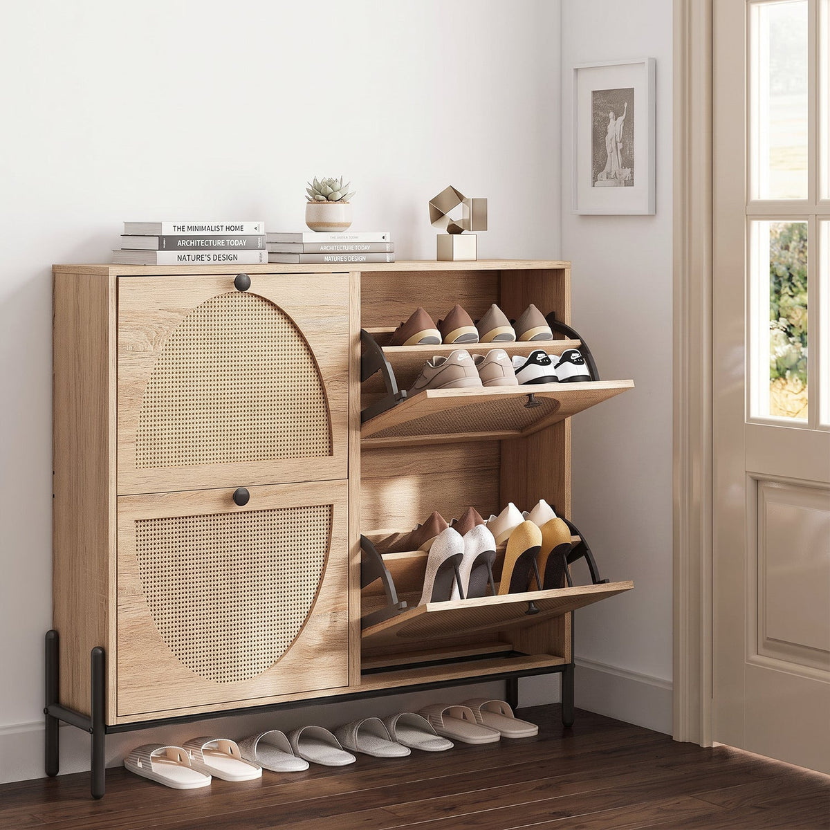 Shoe Storage Cabinet with 4 Rattan Flip Drawers