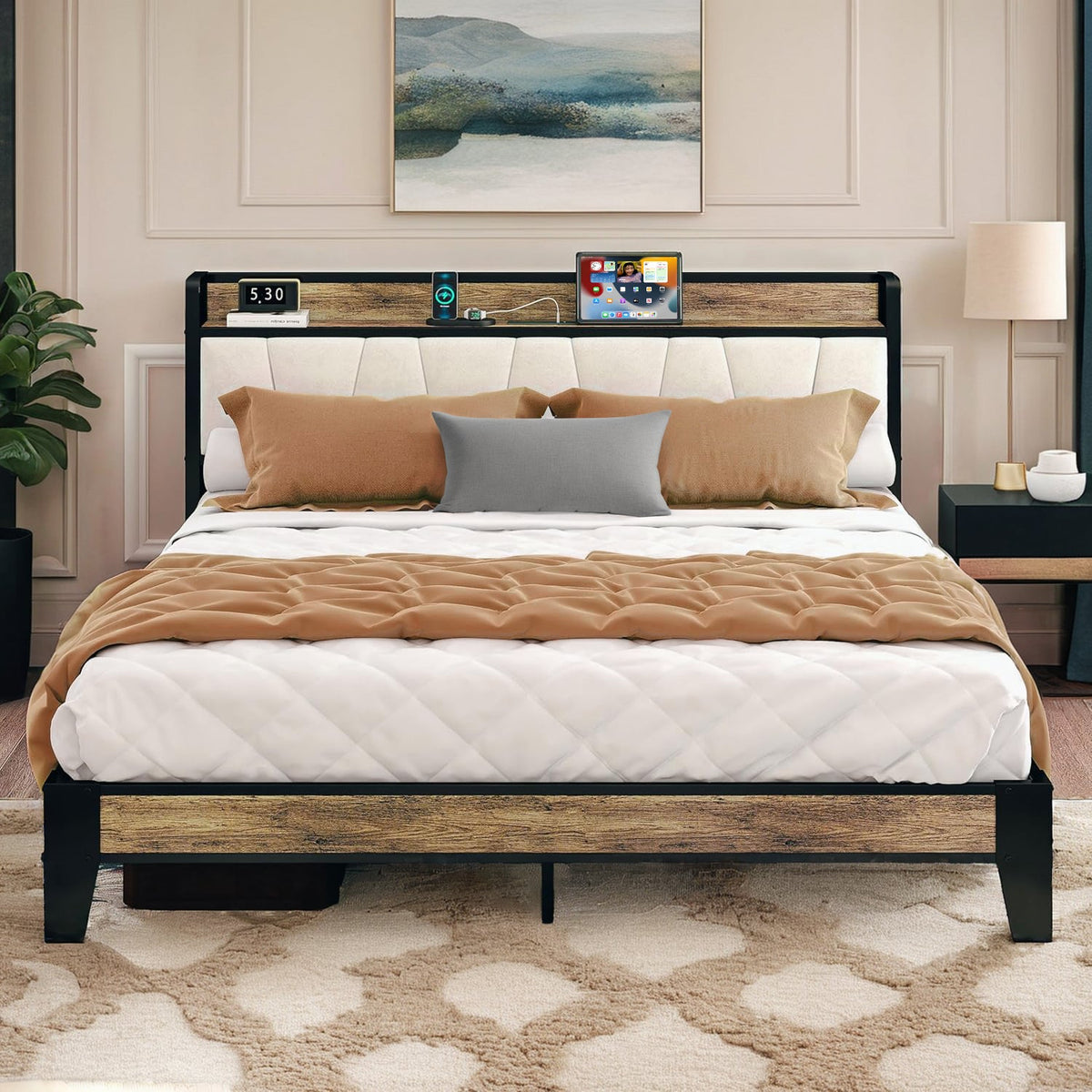 Upholstered Storage Bed Frame with Charging Station