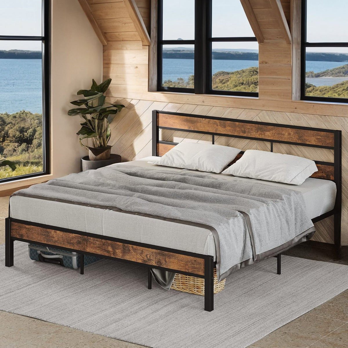 King Platform Bed Frame with Headboard, Dark Brown