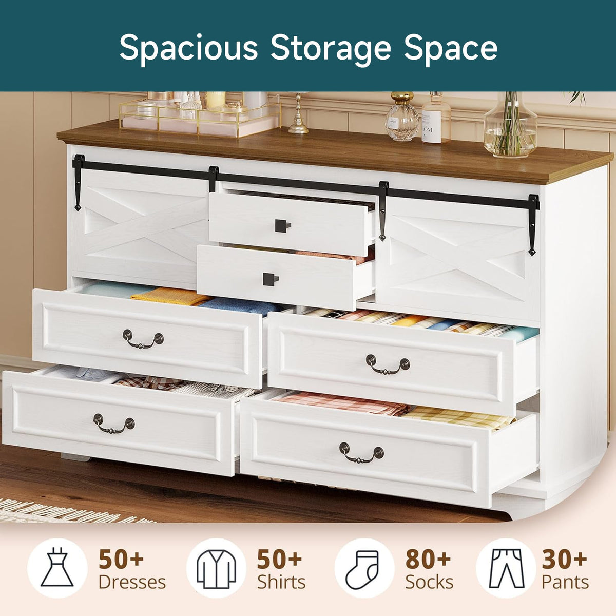 55.1 Inch Farmhouse 6 Drawer Dresser