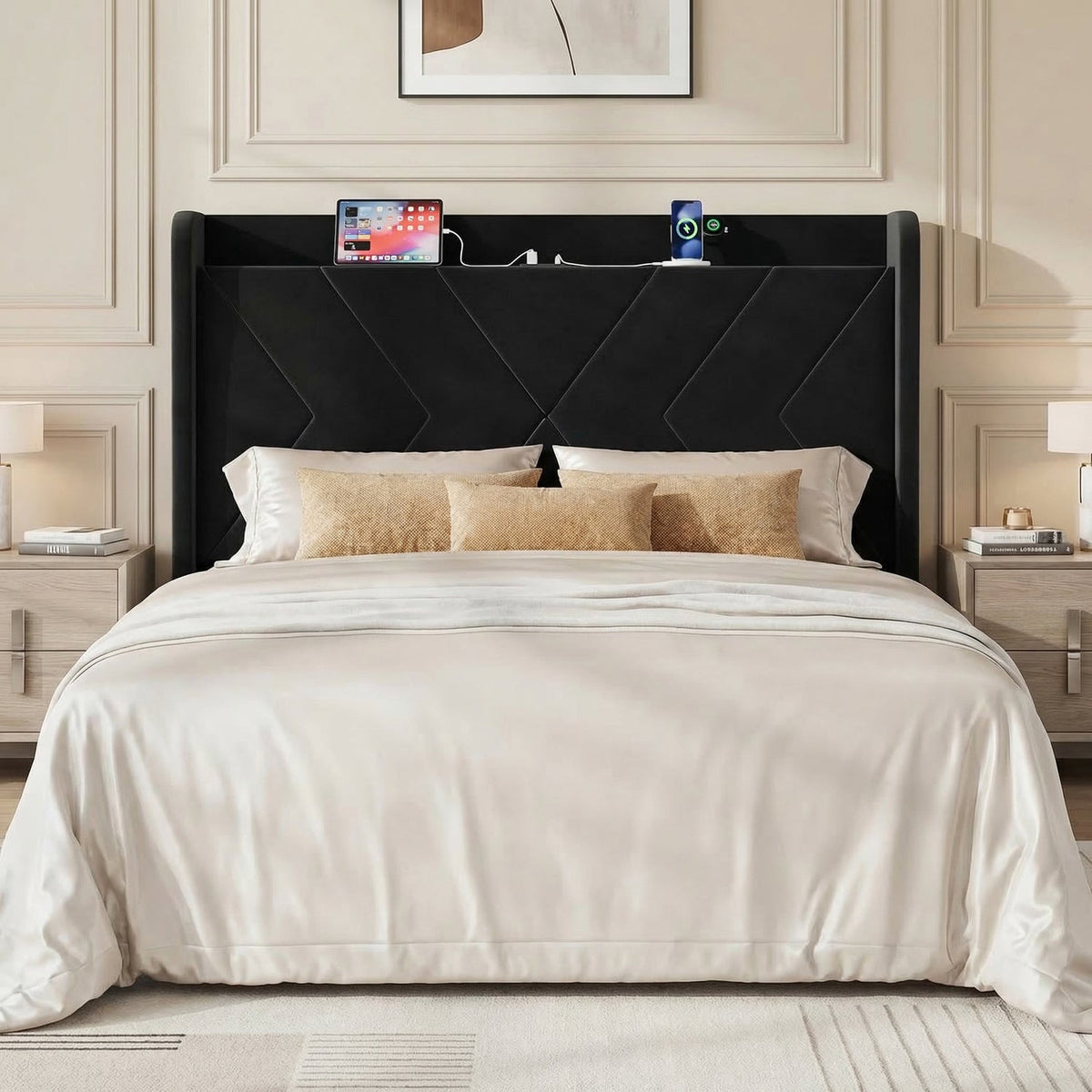 Velvet Platform Bed Frame with Charging Station Headboard