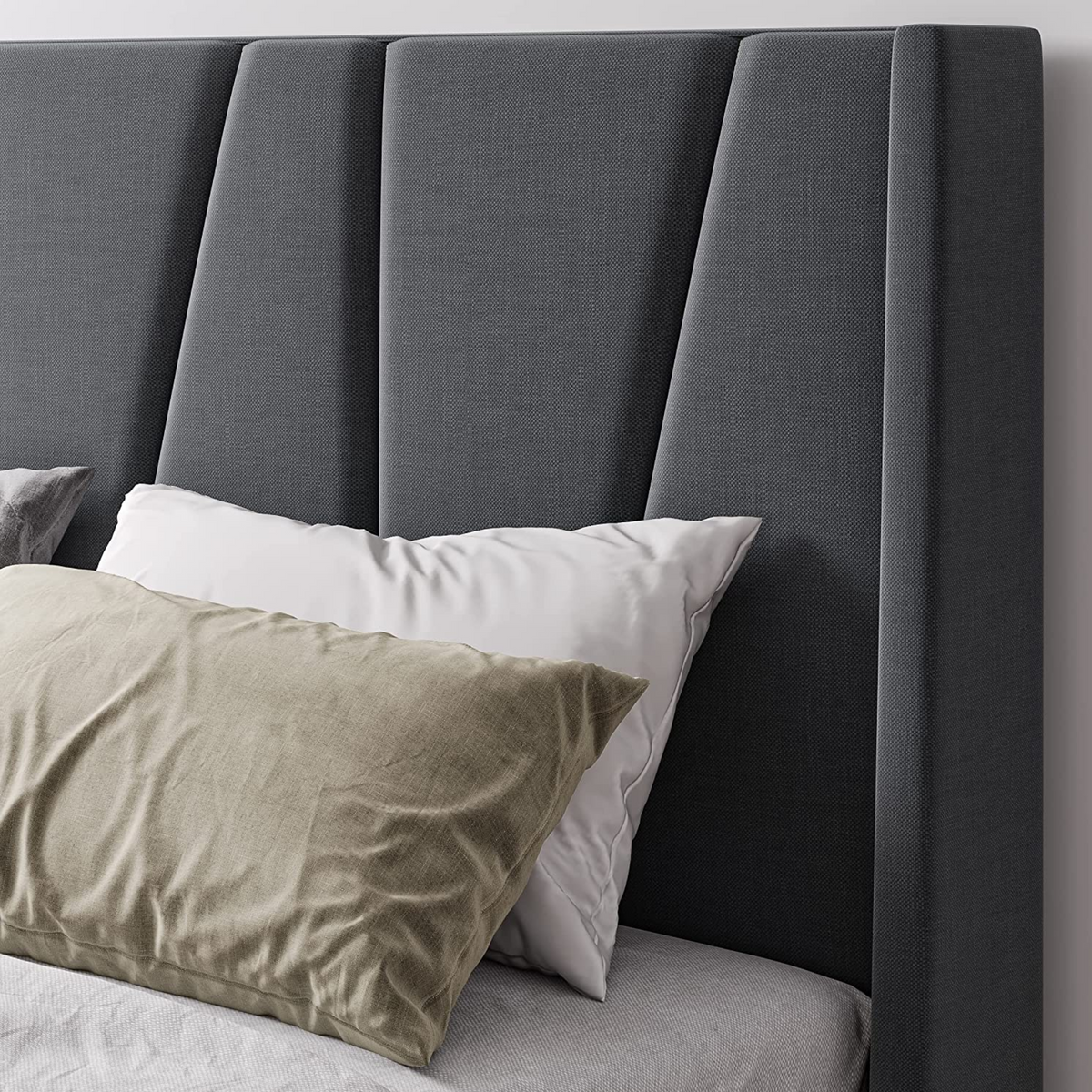 Beige or Grey Bed Frame with Geometric Headboard