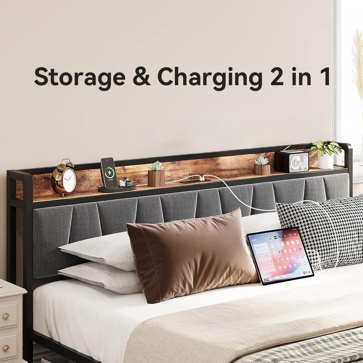 Platform Bed with Storage Headboard and Charging Station