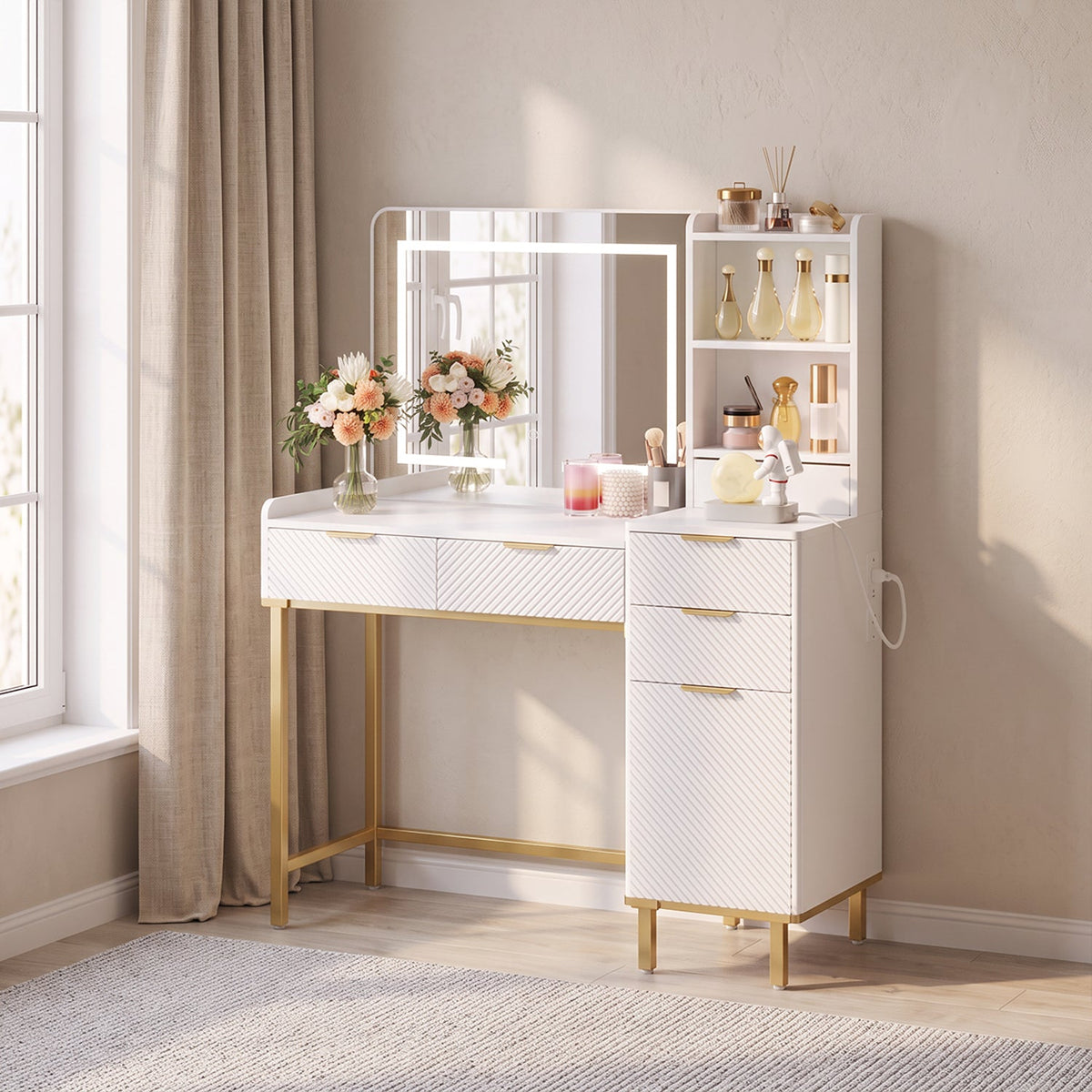 45.3" Makeup Vanity Desk with LED Mirror and Charging