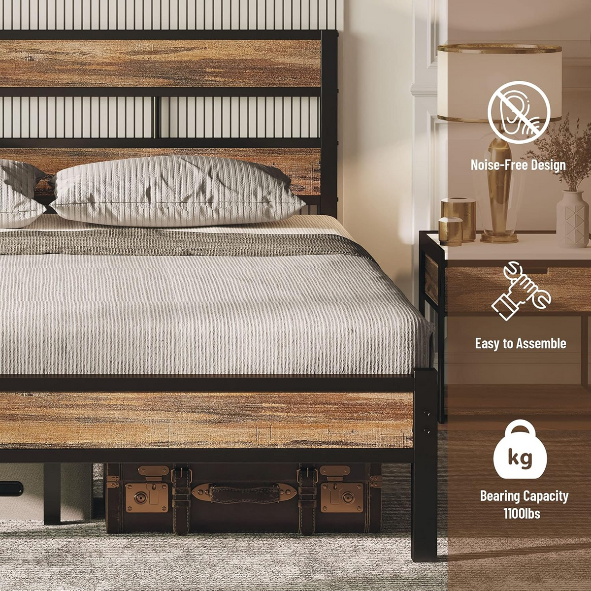King Platform Bed Frame with Headboard, Dark Brown