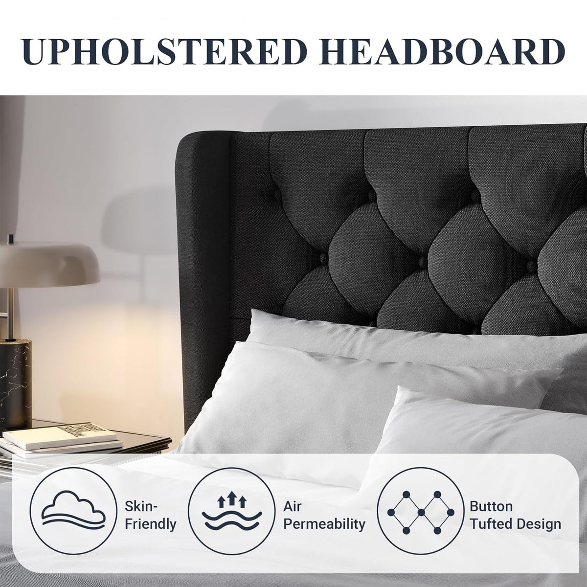 Upholstered Platform Bed with Tufted Wingback Headboard