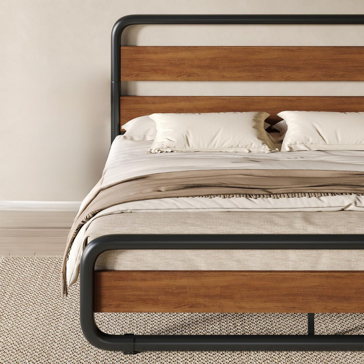 Metal Platform Bed Frame with Wooden Headboard