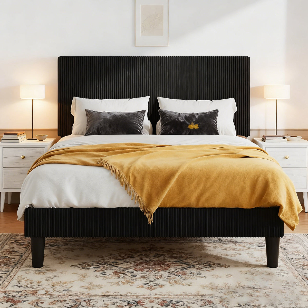 Corduroy Upholstered Platform Bed with Tufted Headboard