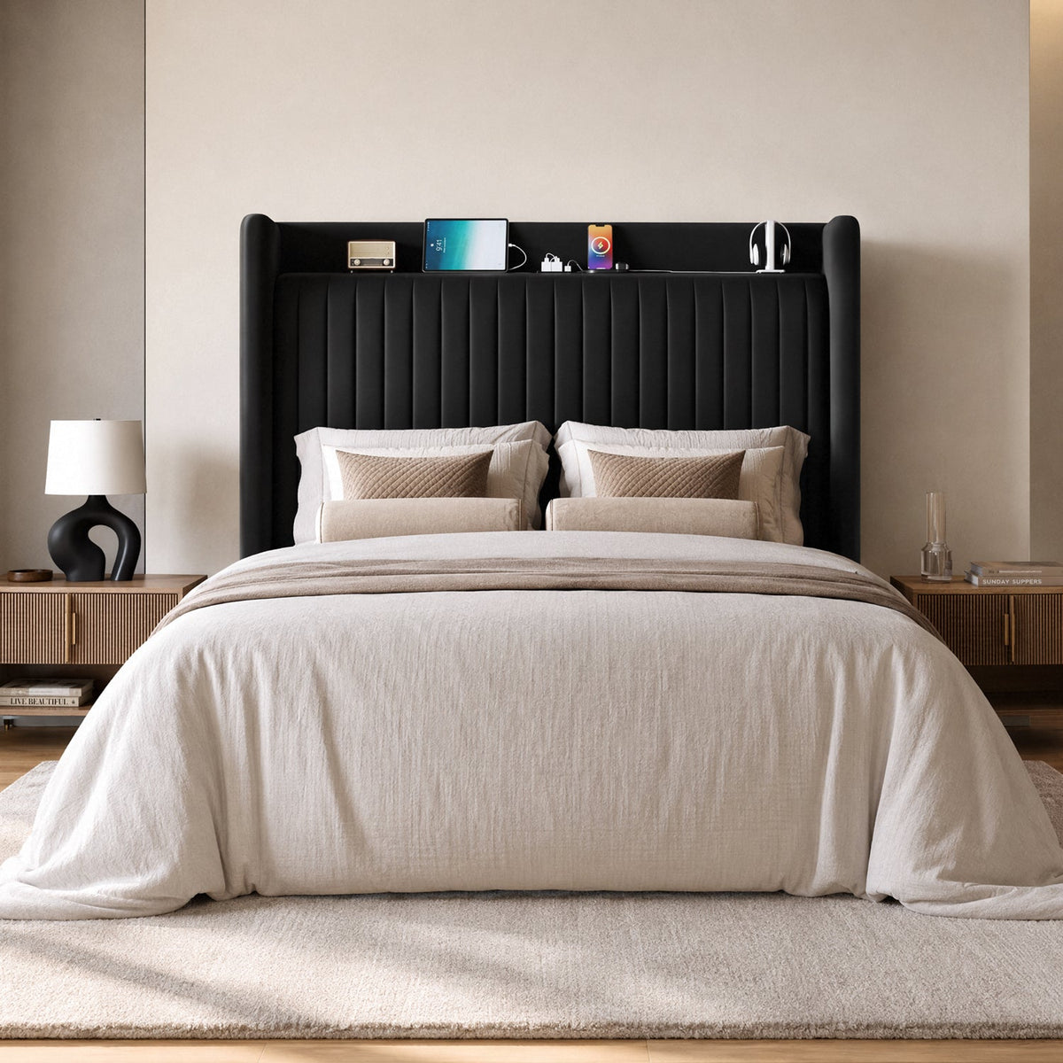 Velvet Upholstered Platform Bed with USB Headboard