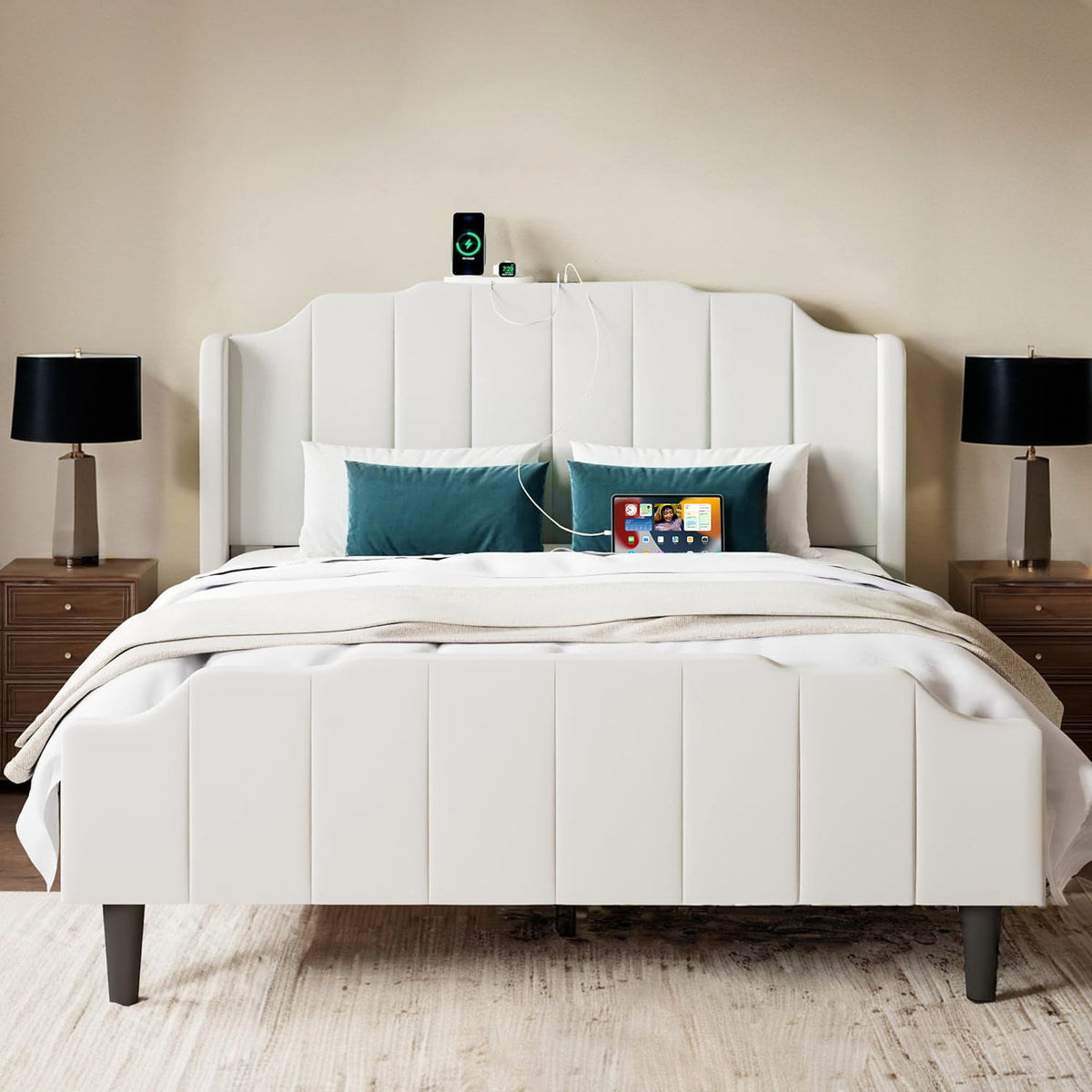 Velvet Curved Tufted Bed with Charging Station Storage