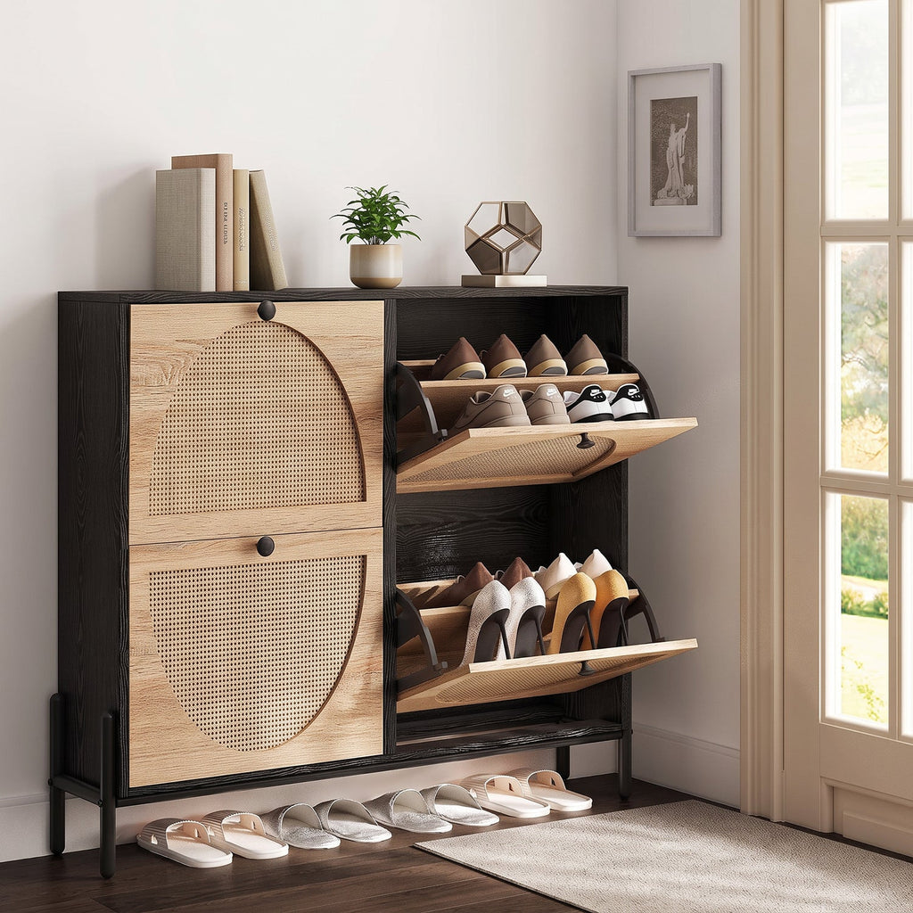 Shoe Storage Cabinet with 4 Rattan Flip Drawers