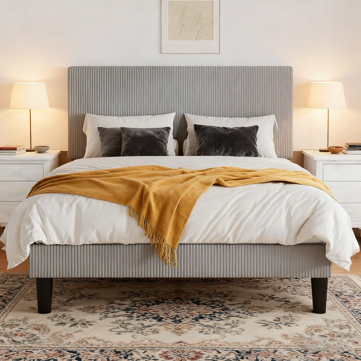 Corduroy Upholstered Platform Bed with Tufted Headboard