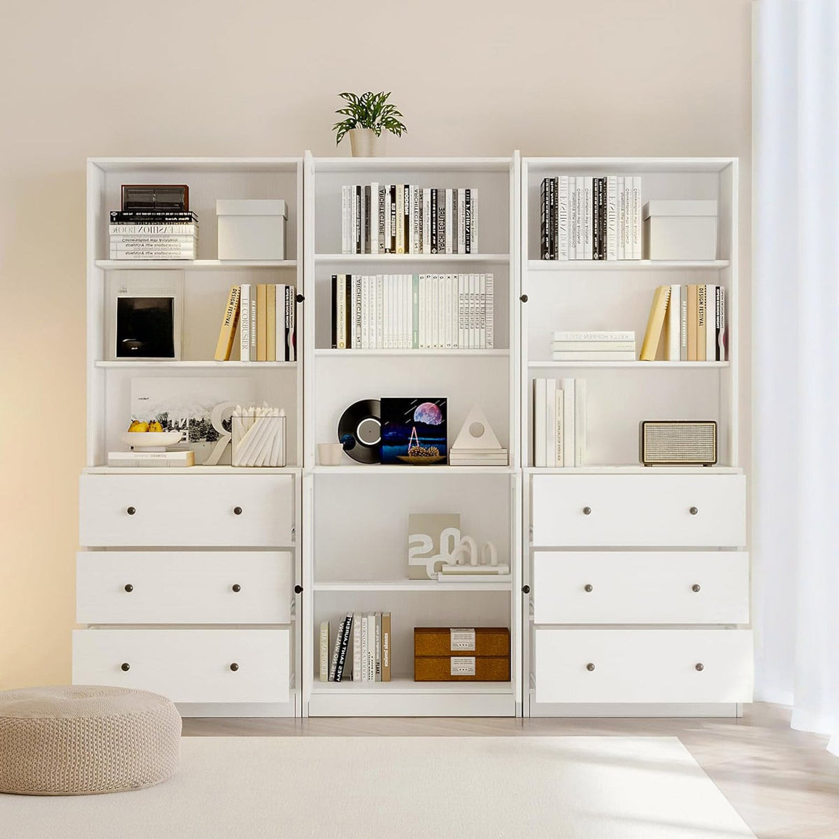 3-Piece Bookcase Set with Drawers and Glass Doors