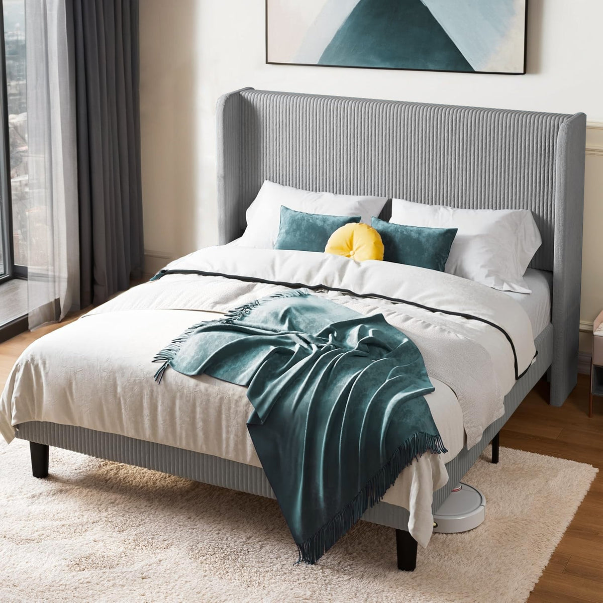 Corduroy Velvet Upholstered Bed with Wingback Headboard