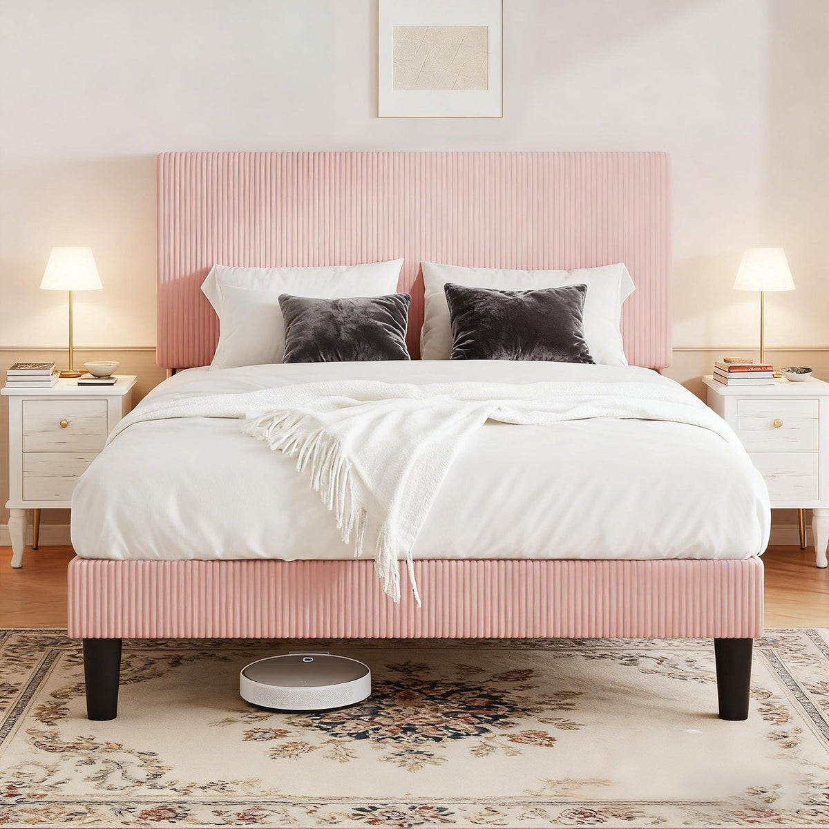 Corduroy Upholstered Platform Bed with Tufted Headboard