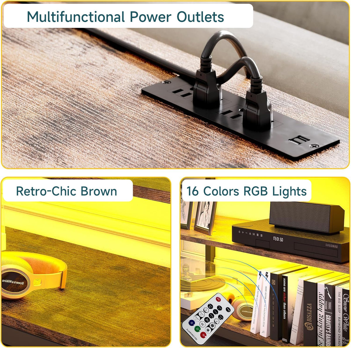 Industrial TV Stand with LED Lights and Outlets
