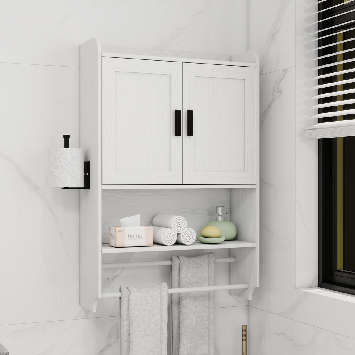 Bathroom Wall Cabinet with Towel Bar and Paper Holder
