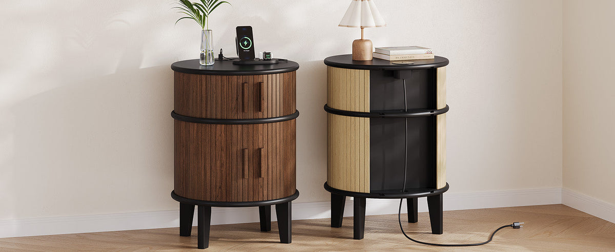 Round End Table Nightstand with Charging Station