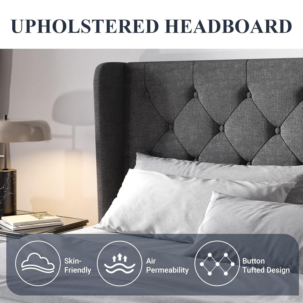 Upholstered Platform Bed with Tufted Wingback Headboard