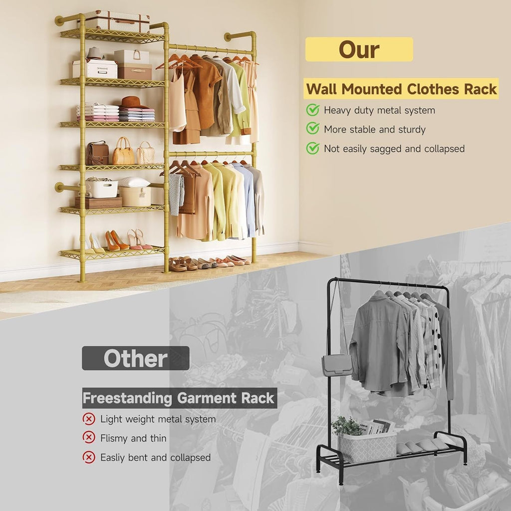 Industrial Pipe Wall Mounted Clothes Rack, 2 Rods 6 Shelves