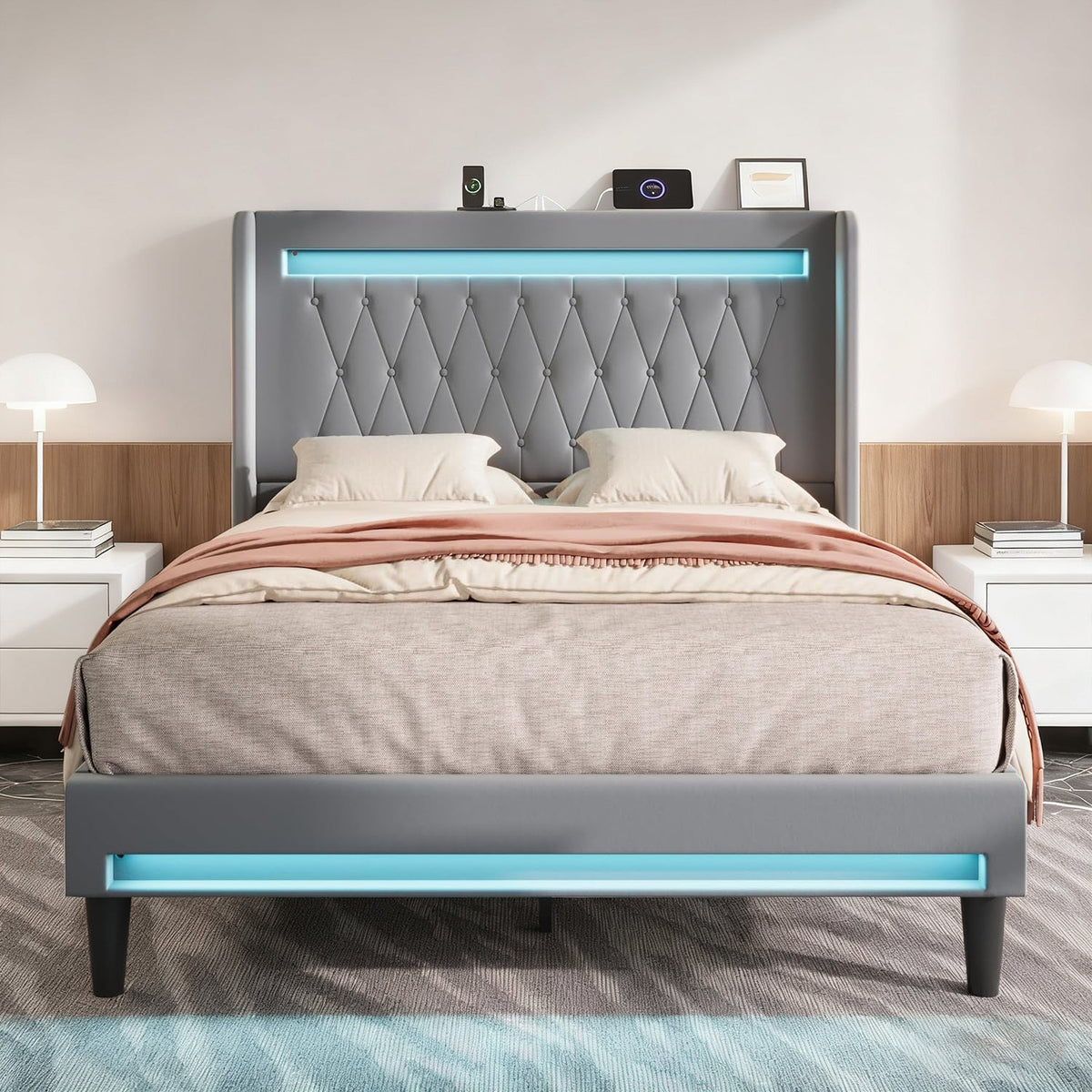 LED Velvet Platform Bed with Charging Station