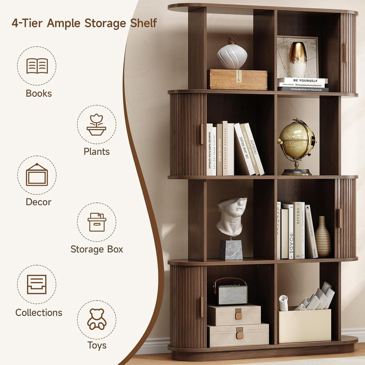 4-Tier Mid-Century Bookshelf with Sliding Door