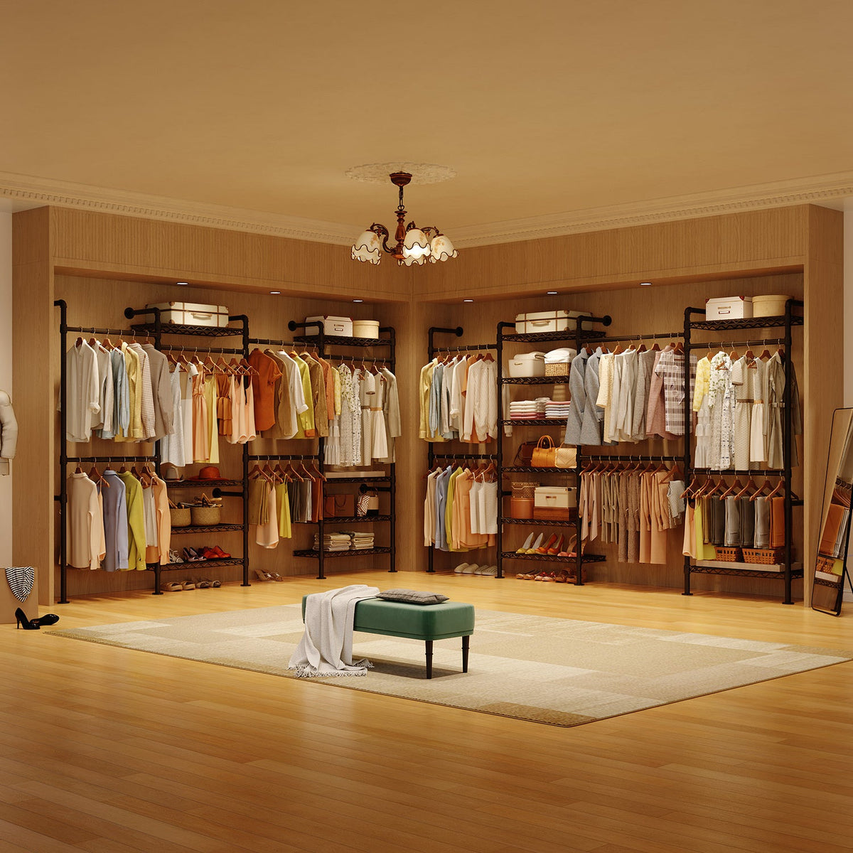 Wall Mounted Closet System with 4 Rods and 8 Shelves