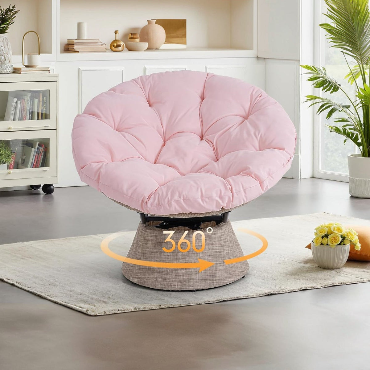 Oversized Papasan Chair with Cushion, 360° Swivel