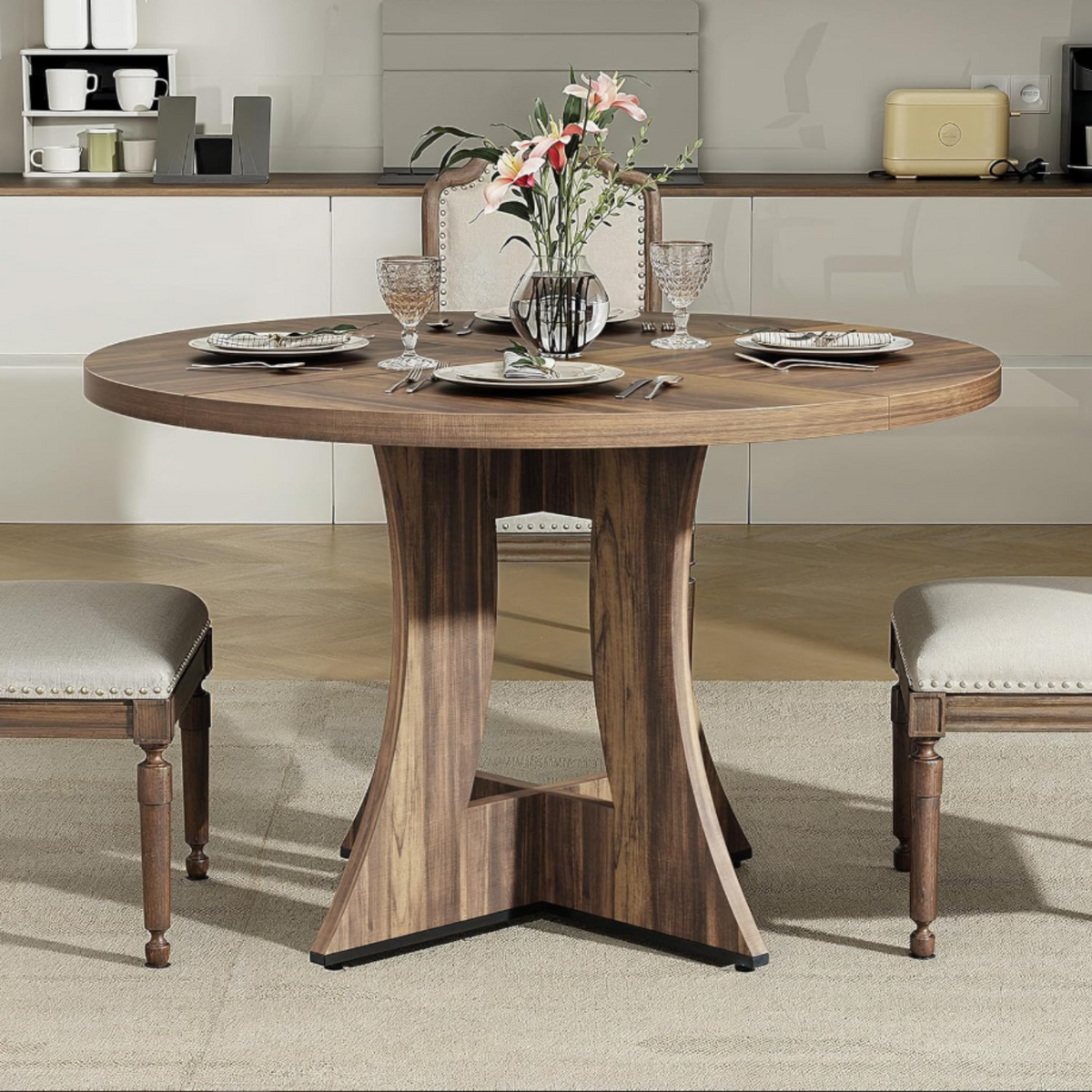 47 Inch Round Wooden Dining Table, Modern Kitchen Table
