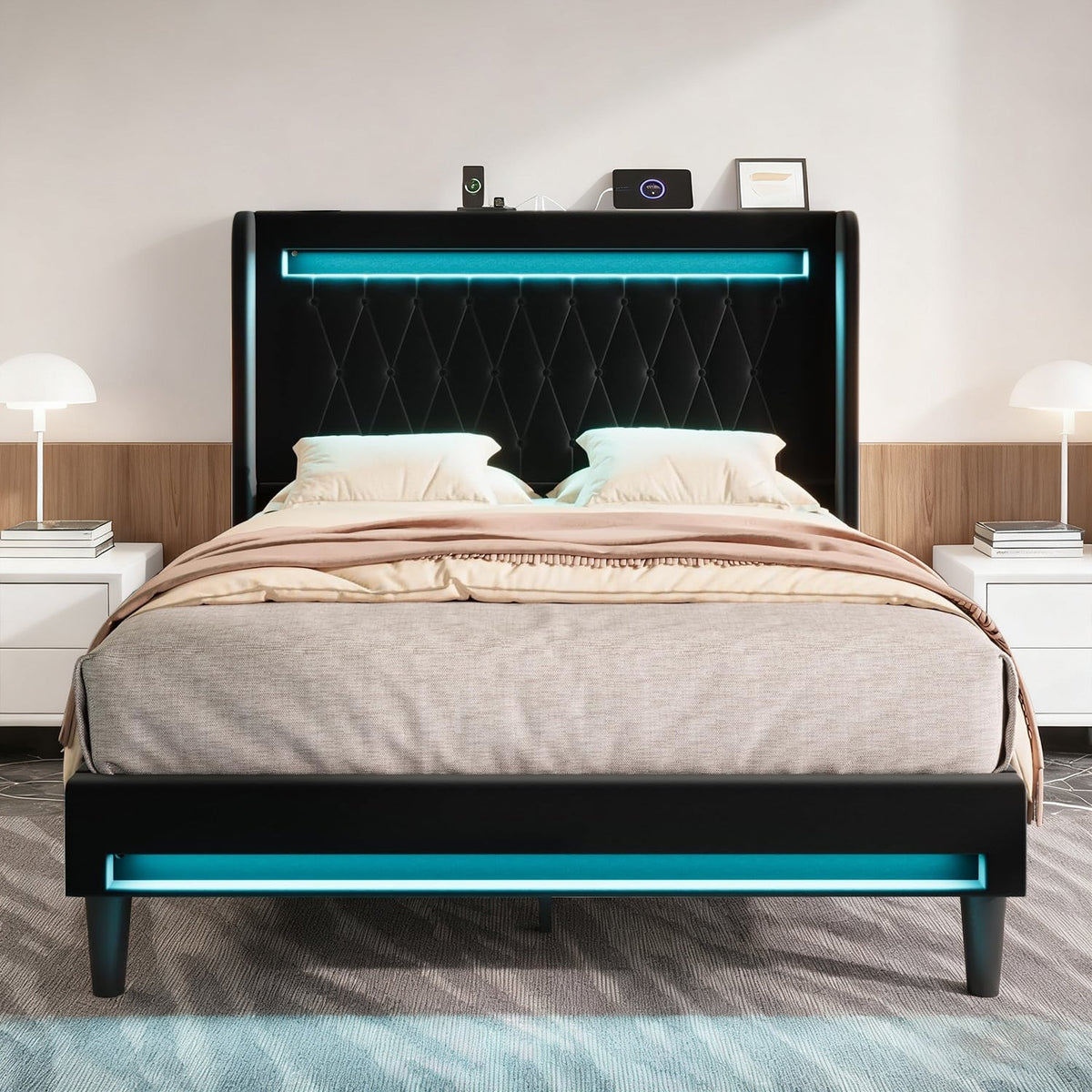 LED Velvet Platform Bed with Charging Station