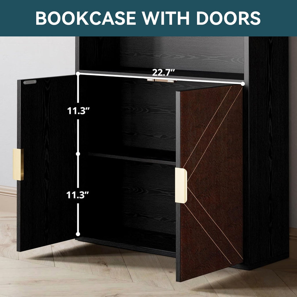 70 Inch Tall Bookshelf with Leather Doors, 6-Tier