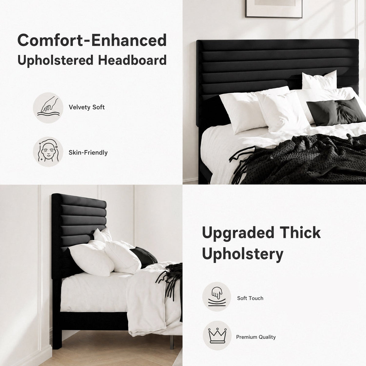 Velvet Upholstered Platform Bed with Adjustable Headboard
