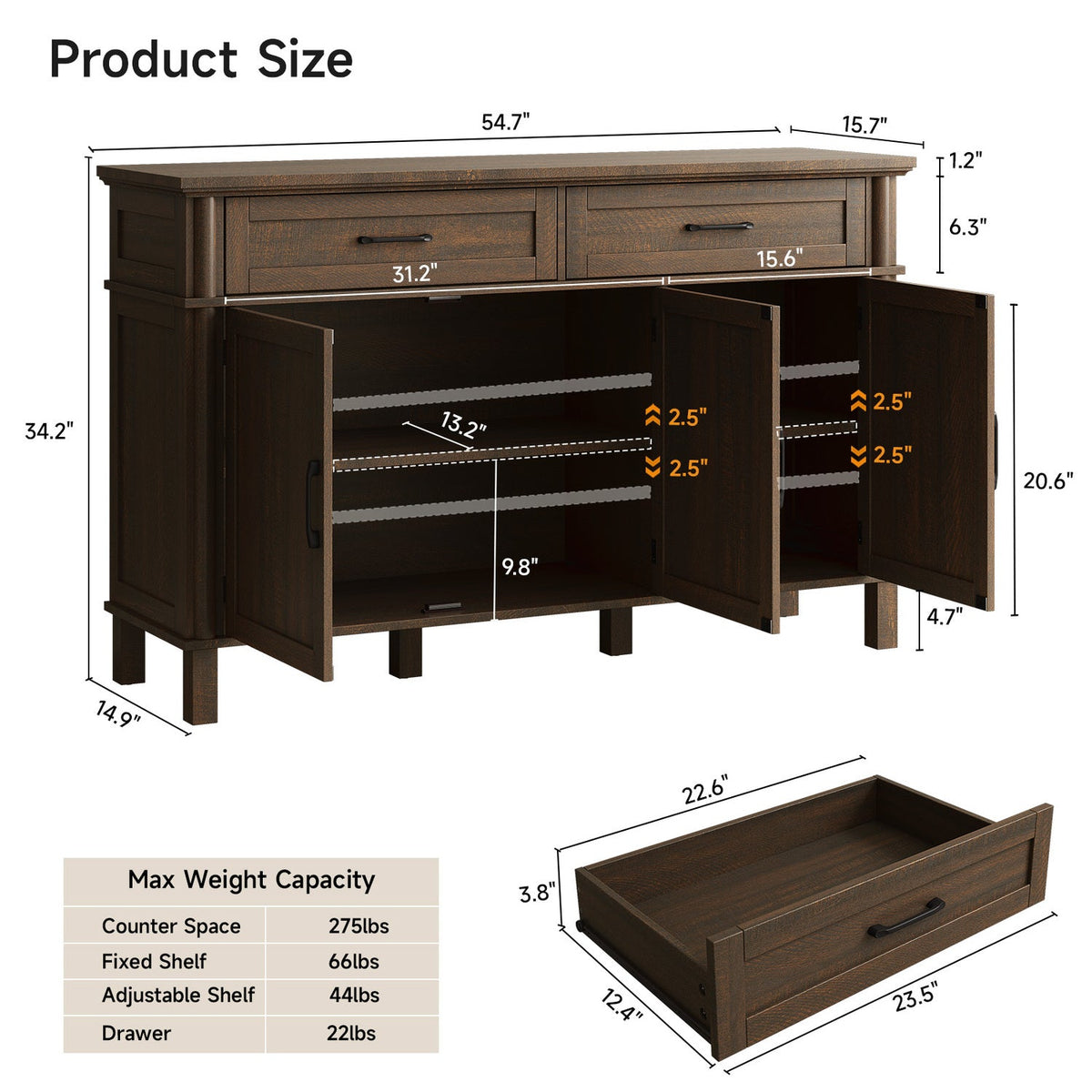 Wood Buffet Sideboard with 2 Drawers and 3 Doors