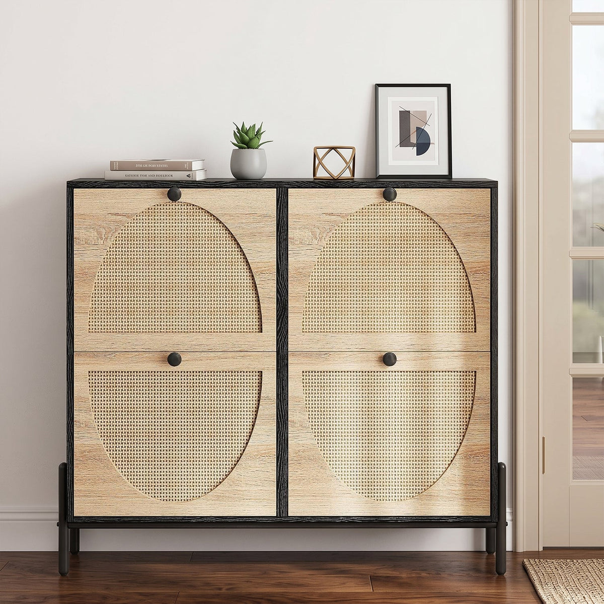 Shoe Storage Cabinet with 4 Rattan Flip Drawers