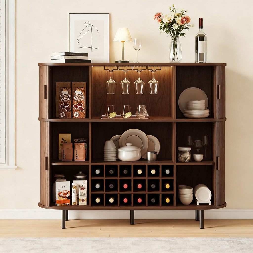 Wine Bar Cabinet with LED Lights and Charging Station