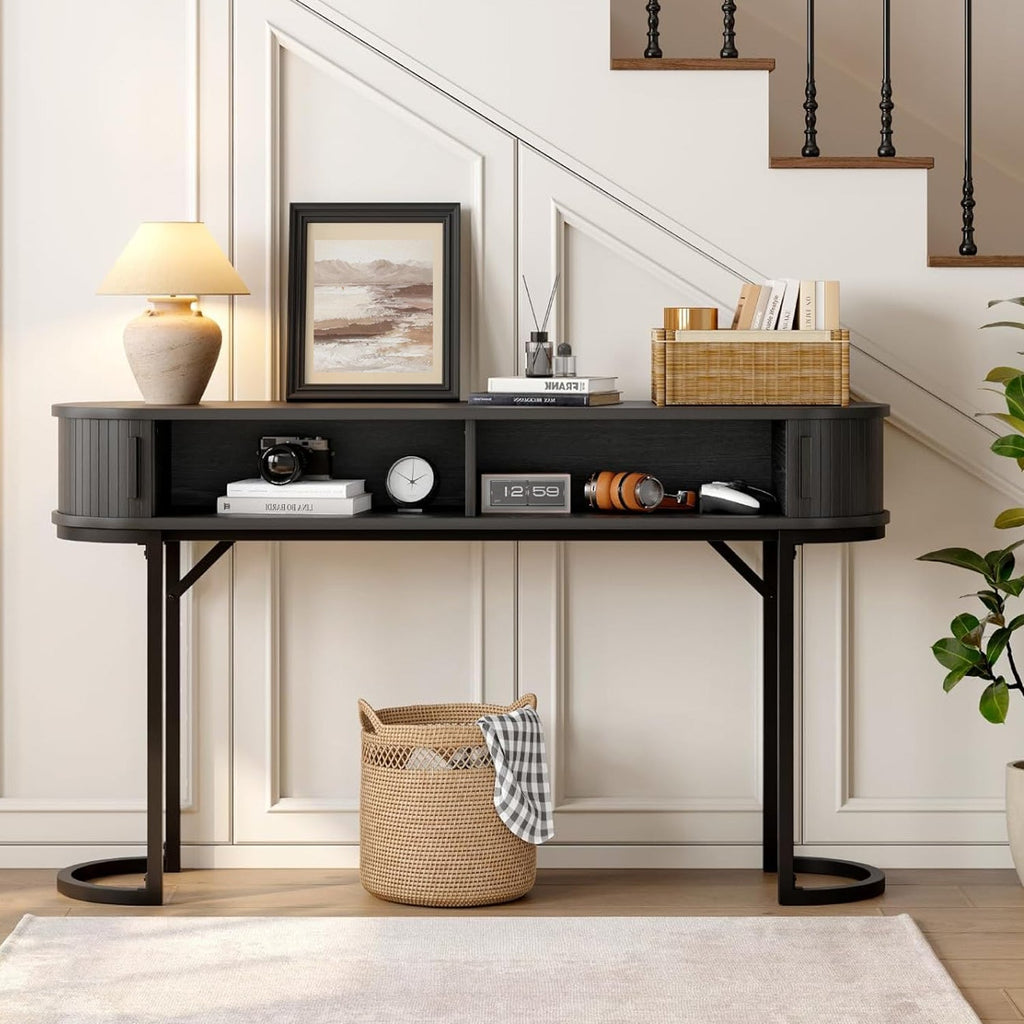 55-Inch Fluted Console Table with Sliding Tambour Doors