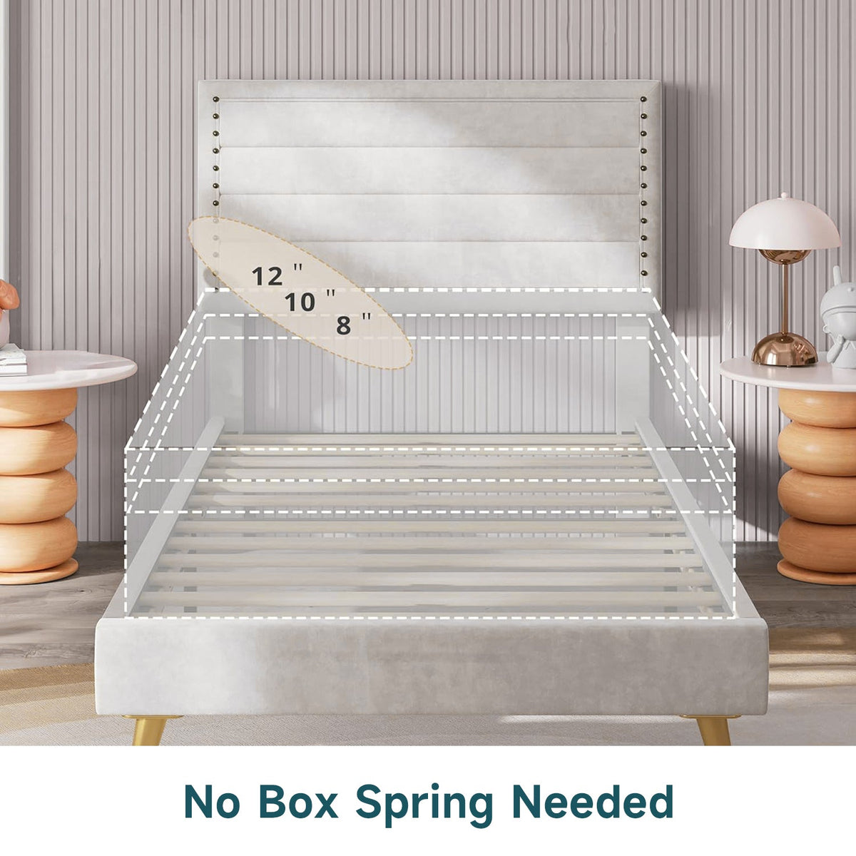 Twin Bed Frame with Upholstered Headboard, Beige