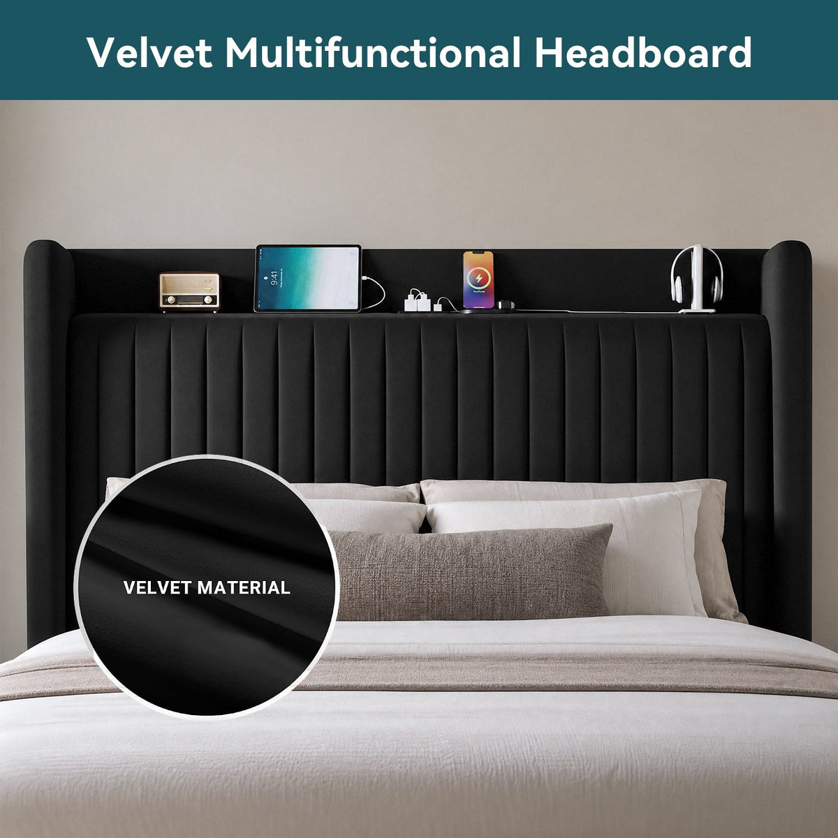 Velvet Upholstered Platform Bed with USB Headboard