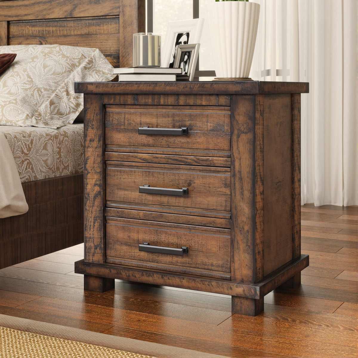 Rustic Farmhouse 3-Drawer Nightstand, Reclaimed Wood