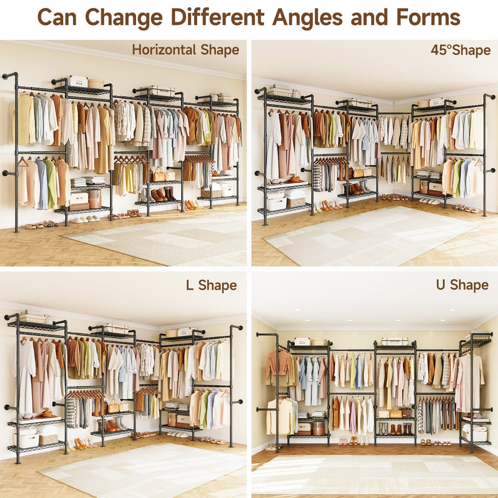 Wall Mounted Closet System with 6 Rods and 9 Shelves