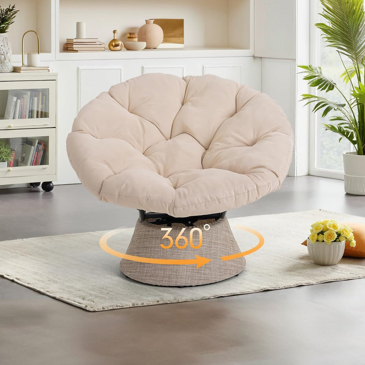 Oversized Papasan Chair with Cushion, 360° Swivel