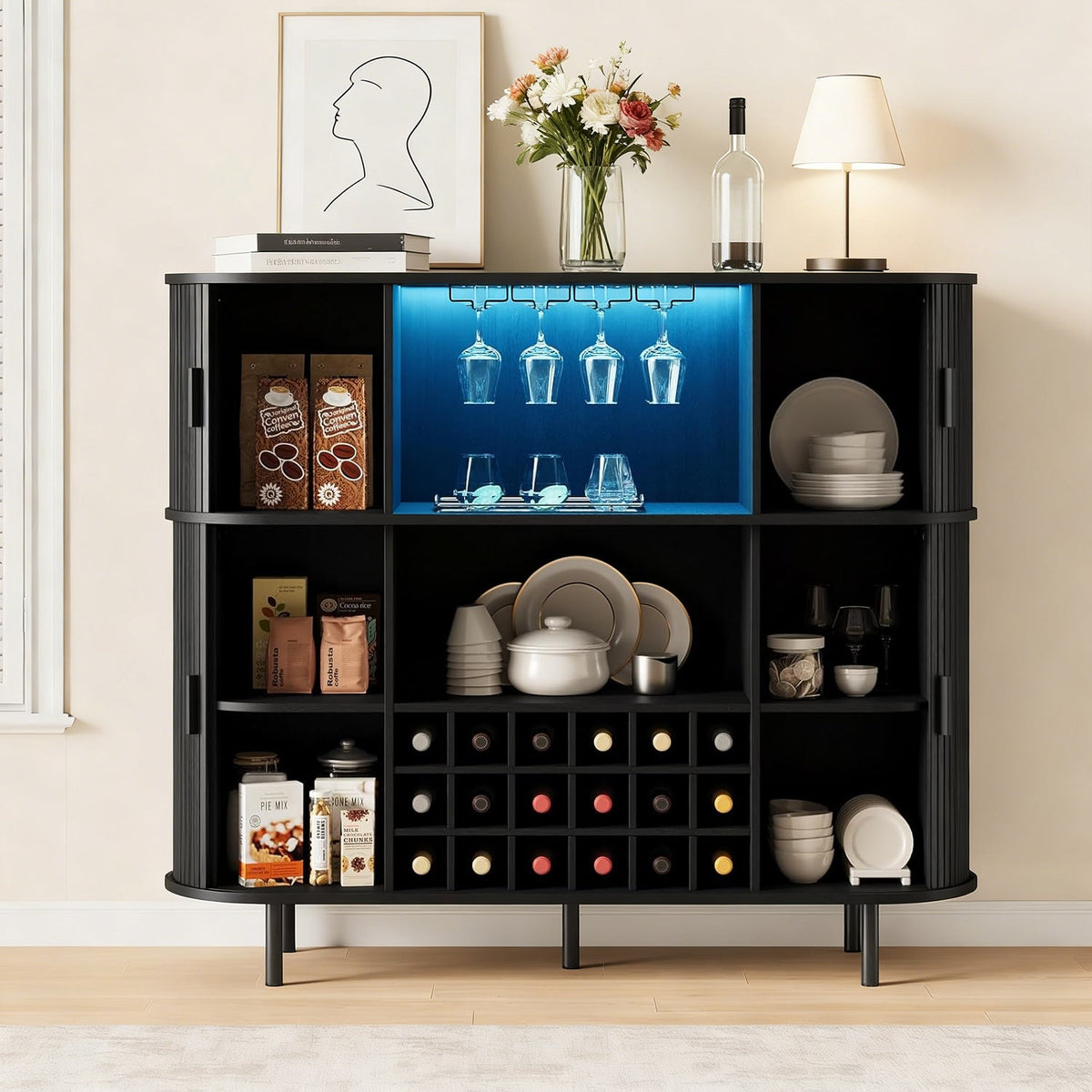 Wine Bar Cabinet with LED Lights and Charging Station
