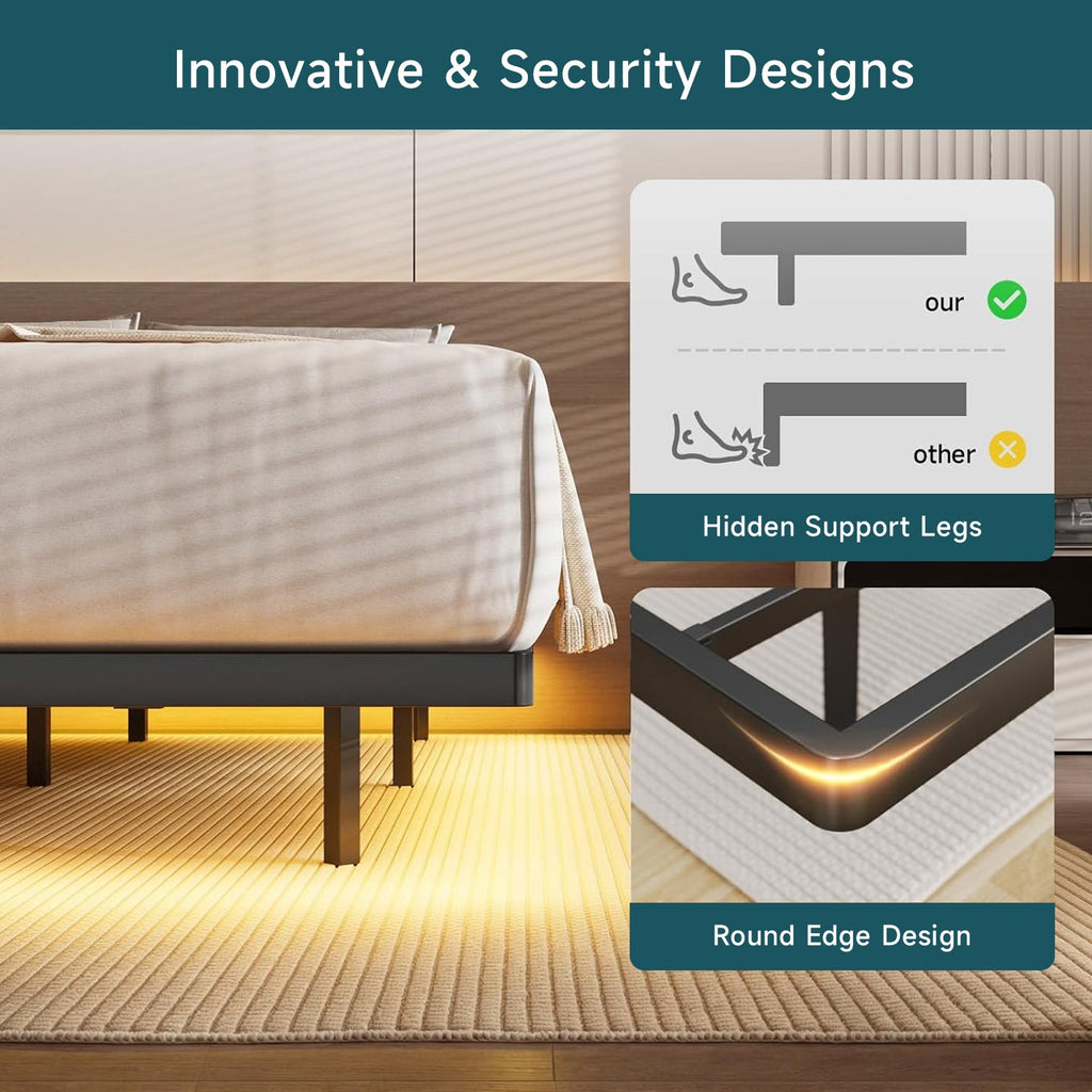Floating Metal Platform Bed Frame with LED Lights