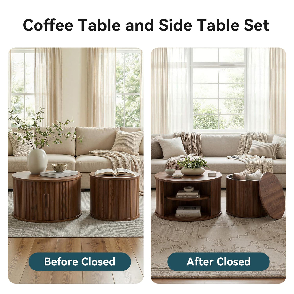 Round Coffee Table Set of 2 with Sliding Tambour Door