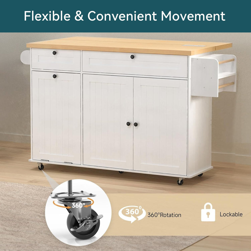 Kitchen Island Cart with Trash Can Storage on Wheels