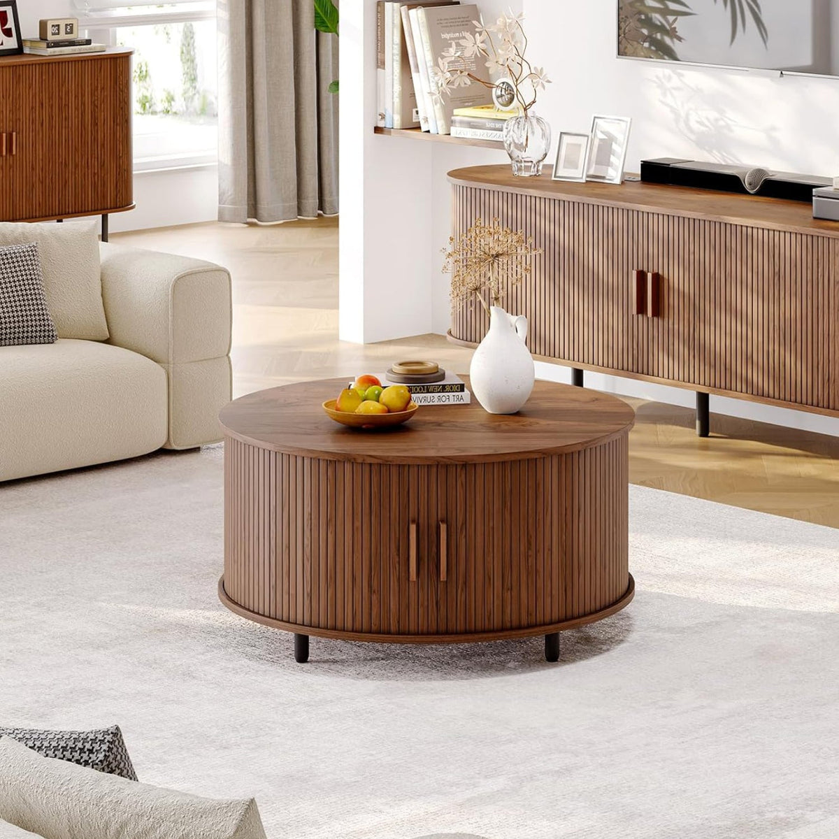 31.5" Round Fluted Coffee Table with Sliding Door