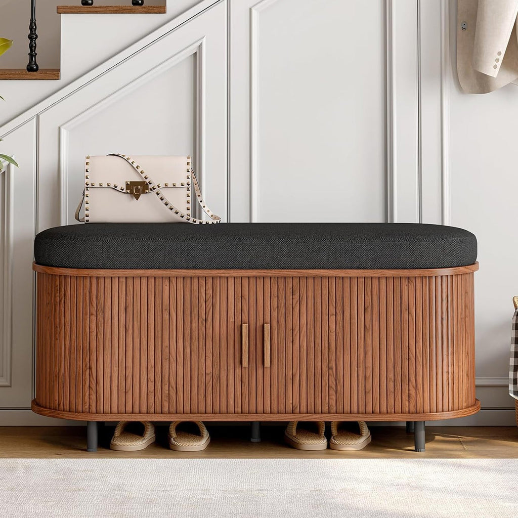 43-Inch Shoe Storage Bench with Cushion and Sliding Door