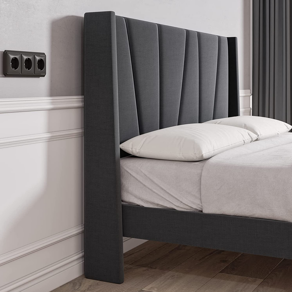 Beige or Grey Bed Frame with Geometric Headboard