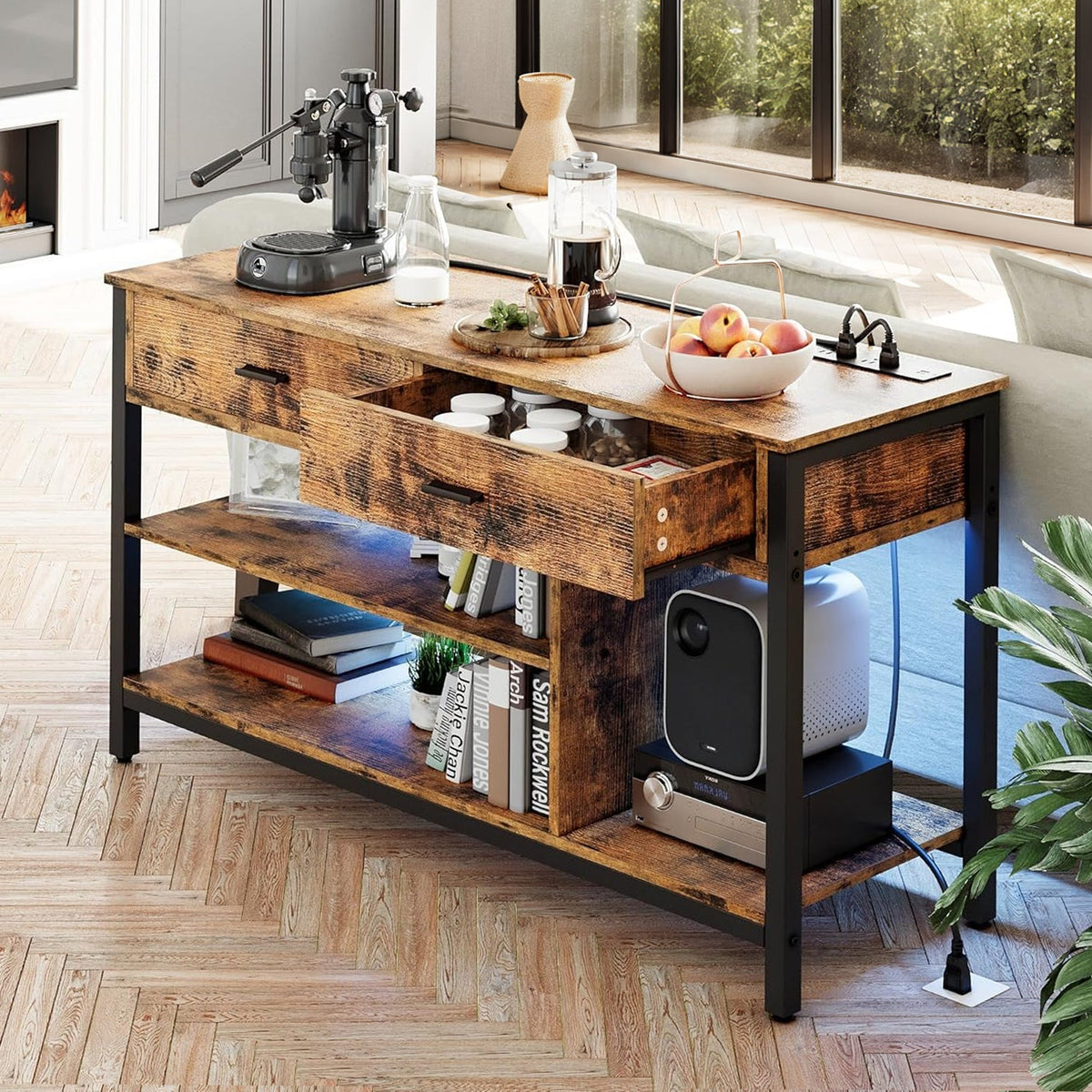 Industrial TV Stand with LED Lights and Outlets